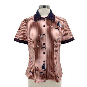 Hell Bunny Womens Medium Top Avery Blouse Sailboat Birds Striped Pinup Retro Red